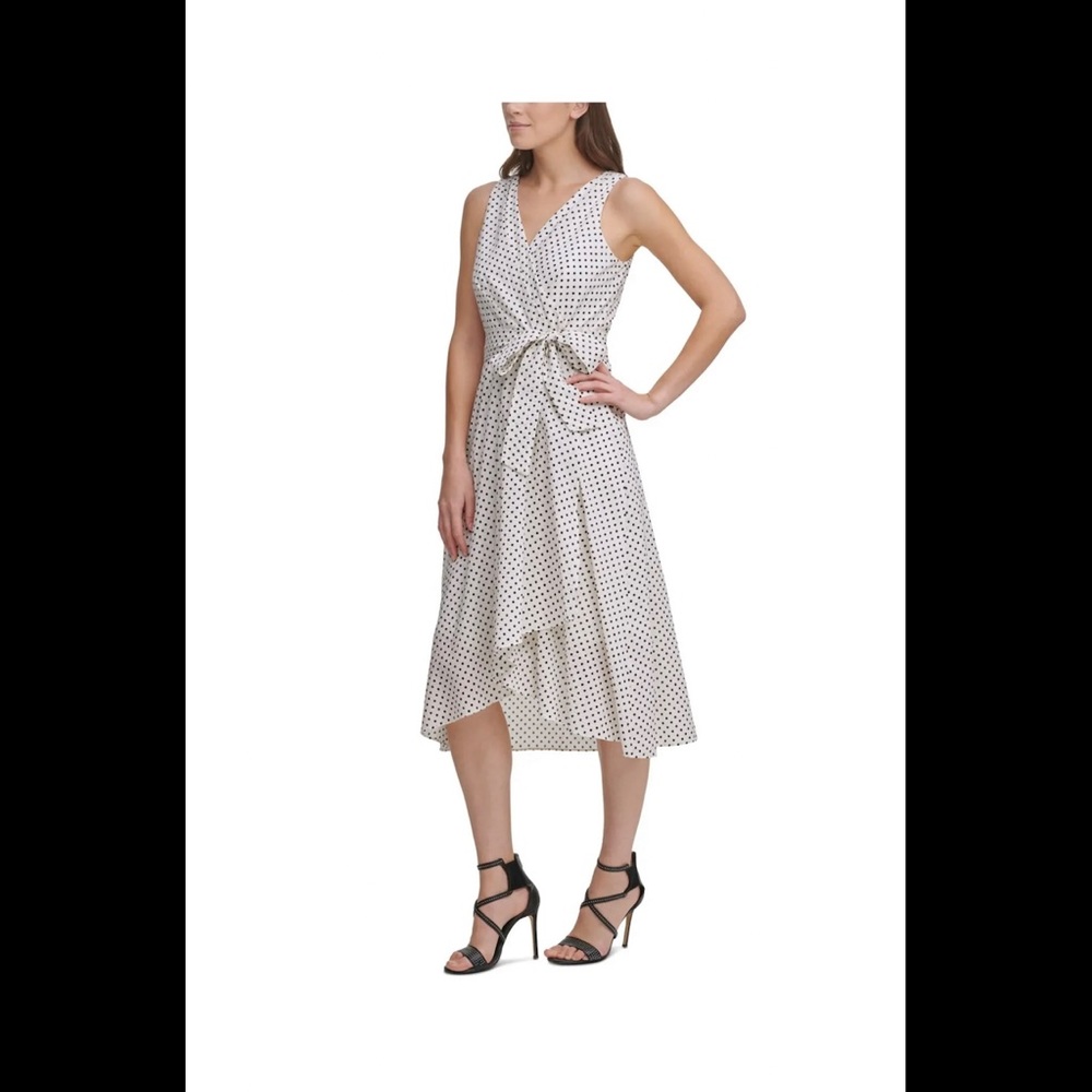 NWT DKNY Midi Faux Wrap Chiffon/crepe Black & White Dress